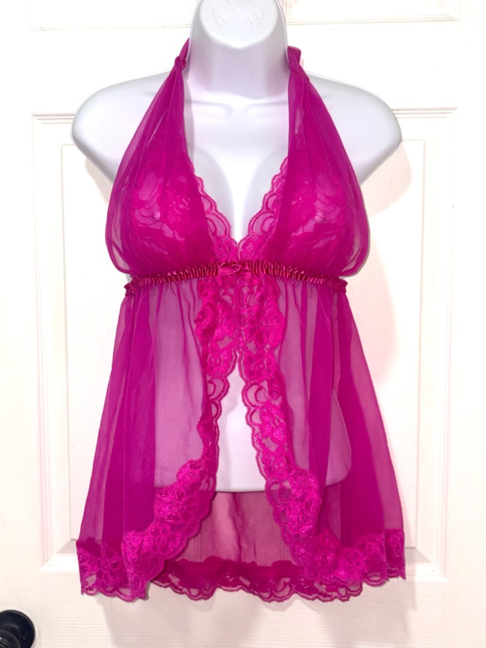 Frederick’s of Hollywood Sheer Lace Halter Babydoll Lingerie in Hot Pink - Large